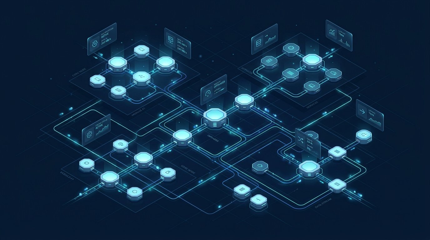 Abstract architectural network showing agentic automation nodes and data pathways